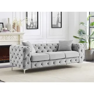 Chesterfield-Sofa 3-Sitzer - Hellgrau - Samt - EDWINA
