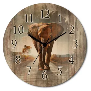 ARTland Holz Wanduhr Funkuhr - schwarzer Zeiger Ein Elefant läuft auf der Straße Größe: 30x30 cm - Braun