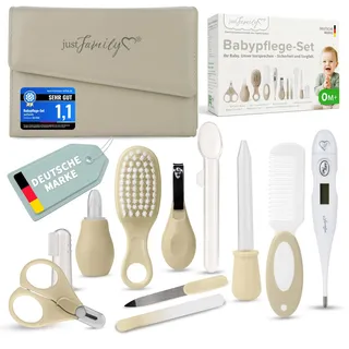TPFFamily Baby Pflegeset Neugeborene (Beige) – 11-teiliges Newborn Baby Set mit hochwertiger Baby Nagelschere, Fieberthermometer, Bürste und mehr – Ideal als Erstausstattung für Neugeborene