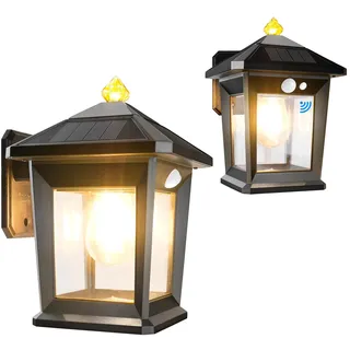 T-SUN 2 Stück Solarlampen für Außen mit Bewegungsmelder, Warmweißes Retro Solarleuchte Wandleuchte Aussen, 3 Modi IP65 Wasserdicht Außenlampe für Garten Veranda Pfad Garage Garten Zaun, 3000K