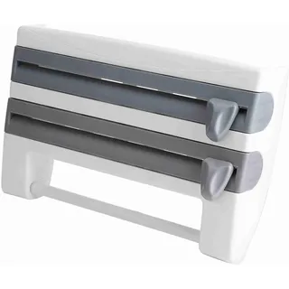 Wandrollenhalter 3-Fach-Schneidabroller Folienspender Frischhaltefolie Schneider mit Papierrollenhalter Küchenrollenhalter ohne Bohren, 39 x 10 x 24 cm (gris et Blanc)