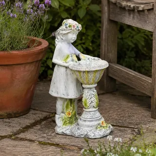 garden mile Gartendeko Engel mit Vogeltränke Solarengel Stein-Effekt Figur Mädchen aus Harz Solarstatue für Außen und Innen