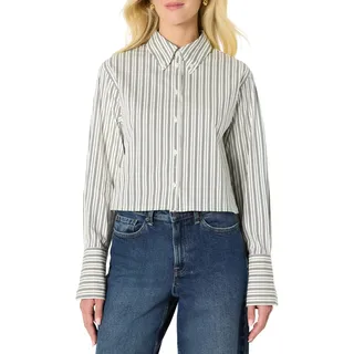 Amazon Essentials Damen Oversize-Bluse aus Baumwoll-Stretch-Popeline mit Knopfleiste, Elfenbein Schwarz Streifen, S