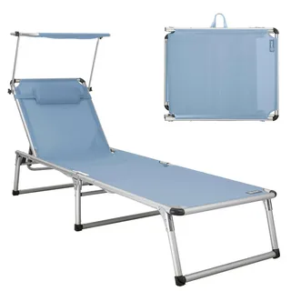 Modante Gartenliege , Silberfarben, Hellblau , Metall, Textil , 61x74x190 cm , wetterfest, rostfrei, verstellbares Dach, klappbar, Rückenlehne verstellbar , Gartenmöbel, Gartenliegen, Sonnenliegen