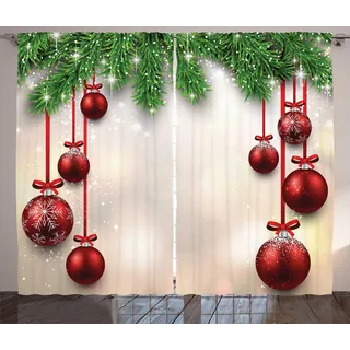 ABAKUHAUS Weihnachten Rustikaler Vorhang, Red Ball Ribbons, Wohnzimmer Universalband Gardinen mit Schlaufen und Haken, 280 x 245 cm, Rot Grün