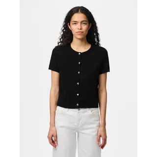 Strickjacke PIECES "PCORINA SS O-NECK KNIT CARDIGAN PW BC", Damen, Gr. S, schwarz, Strick, Obermaterial: 52% Viskose, 28% Polyester, 20% Nylon, unifarben, loose fit kurz, Rundhals, Strickjacken Strickjacke