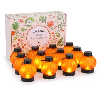 IMAGE 12 Stück Kürbis Teelichter LED Halloween Kürbislaterne flackernde mini Orange Pumpkin Kerze mit Batterie Deko für Halloween Weihnachten Party Außen