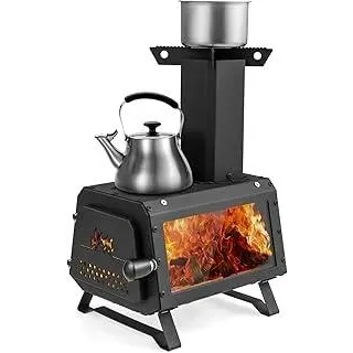 FANTASK tragbarer Holzofen, Raketenofen Outdoor inkl. 2 Kochflächen mit Sichtscheibe und Aschepfanne, Zeltofen, Campingofen für Garten & Camping, Schwarz