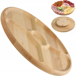KADAX Servierplatte, Drehteller aus natürlichem Holz, 33,5cm Drehplatte mit Fächern, Servierteller für Chips und Dip, Snackteller zum Servieren von Fleisch (Buchenholz)
