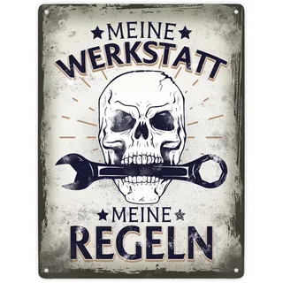 Meine Werkstatt meine Regeln mit Totenkopf Metallschild XXL in 28x38 cm als Geschenk für alle Tüftler und Bastler als Türschild für die Werkstatt um die Liebe zum Heimwerken zu