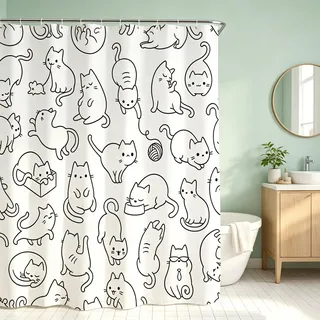 IcosaMro Duschvorhang für Badezimmer, mit Haken, Schwarz und Weiß, niedliches Kätzchen und Bunte Cartoons, lustige Dekoration, Langer Stoff, 180 x 183 cm