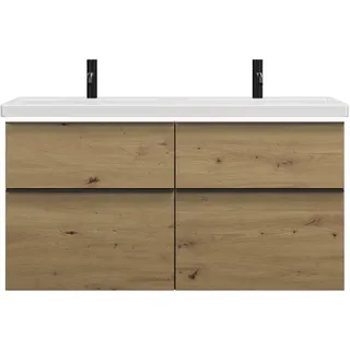 burgbad Eqio Keramik-Doppelwaschtisch inklusive Waschtischunterschrank mit LED-Beleuchtung, mit 4 Schubladen, Breite 1230mm, SEZD123F5662C0001G0252, Farbe: Eiche Dekor Urban / Eiche Dekor Urban,