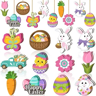 24 Stück Frühling Ostern Holzornamente Frohe Ostern Ausschnitte Verzierungen Niedliche Urlaubsdekorationen mit Schnüren Hängende Ornamente für Osterbaum Party Zuhause Klassenzimmer Dekor (Hasenei