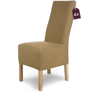 SCHEFFLER-Home Stuhlhussen Stretch Luna-Lang/Stuhlüberzug 4er Set Beige/elastische Flanell Stuhlabdeckungen/Stuhlhussen Schwingstühle/Spann-Bezug Stuhl Überwurf als eleganter Schonbezug