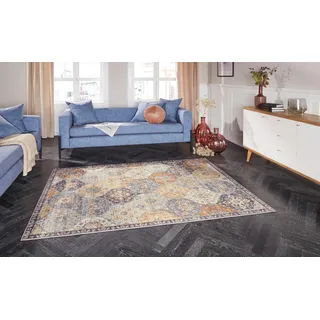 ELLE DECORATION Kashmir Ghom Orientalischer Teppich - Kurzflor Vintage-Look Orientalisch Ornamente-Muster Klassischer Orientteppich für Wohnzimmer Esszimmer Flur oder Schlafzimmer Honiggelb, 200x290cm