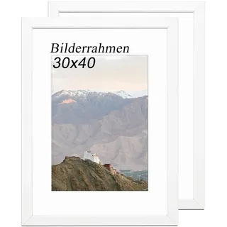 RUN HELIX Bilderrahmen 30 x 40 cm (11.8x15.75inch) 2er Set, Bilderrahmen aus Holz 30x40 mit Passepartout geeignet für 30x40 cm Bildausdruck, Fotorahmen mit fenster für Wandmontage (Weiß)