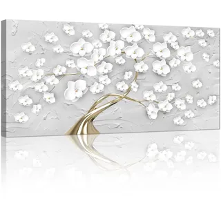 FajerminArt Groß Mit Rahmen Grau Leinwandbilder Bilder, Abstrakt Weiß Baum Blumen bild auf Leinwand Wandkunst Wandbilder Kunstdruck Gemälde Deko für Wohnzimmer Schlafzimmer, zum Aufhängen 100×50cm