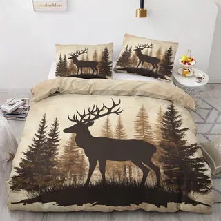 Generisch Hirsch Deko - Hirsch Bettwäsche 140x200 Winter, Wald Hirschmotiv Wildtiere Bettbezug 2er Set mit 1 Kissenbezug 70x90, Weiche Mikrofaser Winterbettwäsche mit Reißverschluss Y#&87
