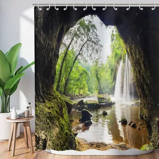Hnmdmyi Duschvorhang Wald 90x180, Tropischer Dschungel Regenwald Grüner Baum Pflanze Natur Berg Höhle Landschaft Wasserfall Szenerie Badewanne Vorhang Wasserdicht Polyester Stoff Waschbar Badevorhang