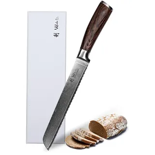Wakoli EDIB Brotmesser Wellenschliff aus echtem Damaststahl (VG10 Kern) mit 20 cm Klinge – Scharf & ergonomisch – Damastmesser mit Pakkaholzgriff in Geschenkbox – Brotschneidemesser für krosse Krusten