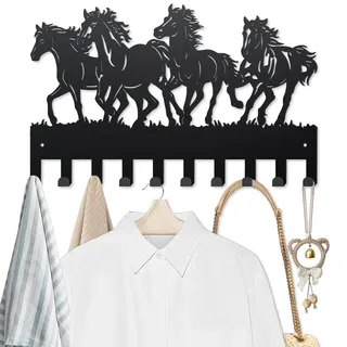 MAYJOYDIY Pferd Metall Schlüsselhalter Wandmontage Tier Garderobenständer 40×25cm Graslandpferd Schwarzes Wandkunstdekor Schlüsselhaken Mit 10 Haken Für Geschenk Küche Badezimmer Kleideraufbewahrung