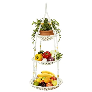 Obstkorb Hängend & Gemüsekorb Makramee - Etagere 3 Etagen Baumwollseil Hängekorb für Küche, Wohnzimmer - Boho Dekoration Handgewebter Obstkorb (73 cm Länge) - Platzsparend, Wandkorb für Obst, Lagerung