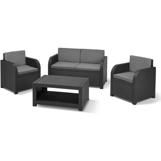 Allibert by Keter Modena Gartenmöbel Set aus Kunststoff, inkl. Sitzkissen, grau, 4-teilig, 2 Sessel, Sofa & Tisch, für Garten, Balkon & Terrasse, Flache Rattanoptik