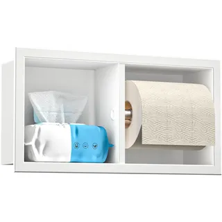 Bernkot Unterputz Toilettenpapierhalter Edelstahl, WC Badezimmerschrank mit Toilettenpapierhalter Halterung, Klopapierhalter mit aufbewahrung, 10×18×34cm, Weiß