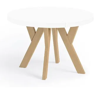 Runder Ausziehbarer Tisch für Esszimmer, PERO, Loft-Stil, Skandinavische, Durchmesser: 90 / 140 cm, Farbe: Weiß / Buche Natur - Weiß