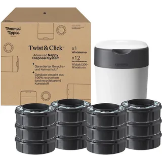 TOMMEE TIPPEE Twist & Click Advanced Windeleimer, mit 12-er Pack Nachfüllkassetten mit einer mehrschichtigen, antibakteriellen Folie gefüllt, Weiß (Verpackung kann variieren)