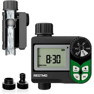 RESTMO Bewässerungscomputer mit druckverlustfreiem Kugelhahn (0-120 PSI), Wochen-Programm (3 Pläne) & Regenverzögerung (24-72 h) – Gartenbewässerungssystem für Regentonnen, Hochbeete, Rasen
