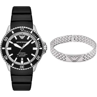 Emporio Armani Herren Schwarze Silikon-Uhr und Silber-Ton Edelstahl Armband, Set