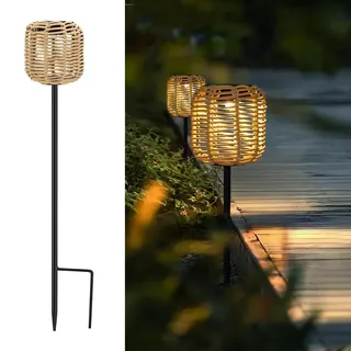 WRQIOO 1 Stück Rattan Solarleuchten für Außen, Solarstecker für Außen Garten, Solarlampen für Au-ßen Garten, Wasserdichtes Solar Gartenstecker, LED Gartenleuchten Solar für Rasen Hof Patio Deko