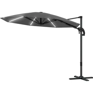 Alu Ampelschirm LED Solar Ø300cm höhenverstellbar Sonnenschirm mit Kurbel Ständer UV50+ Wasserabweisend 360° drehbar Marktschirm neigbar Gartenschirm Sonnenschutz für Garten Balkon Dunkelgrau |