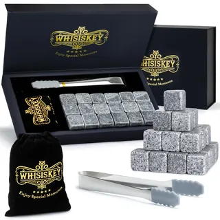 WHISISKEY Whisky Steine Set - 18 Whiskey Steine & Zange - Geschenke für Männer - Männergeschenke - Geburtstagsgeschenk Mann - Geschenkbox - Whisky Zubehör - Eiswürfel Wiederverwendbar