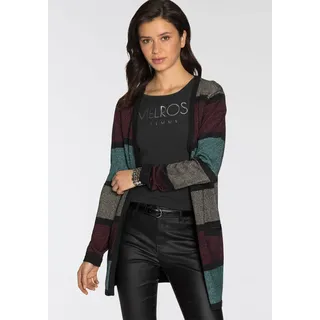 Longstrickjacke MELROSE, Damen, Gr. 32/34, bunt (petrol, bordeaux, gestreift), Feinstrick, Obermaterial: 43% Viskose, 22% Polyamid, 20% Polyester, 15% metallisierte Fasern, gestreift, gerade ca. Mitte Oberschenkel, V-Ausschnitt, Strickjacken Longstrickjacke, aus weichem Glitzergarn, Topseller