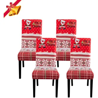 Jaotto Stuhlhussen Universal, Stuhlhusse Stretch Moderne, Schwingstühle Elastische Langlebig für Feiertagsdekoration Weihnachten (Rot/Xmas, 4 Stück)