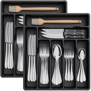 Lifewit Besteckkasten für Schubladen, 31 x 36 cm Küche Kompakt Besteckeinsatz, aus Kunststoff Utensilienhalter für Löffel, Gabeln, 7 Fächern, Schwarz