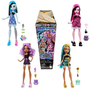 Monster High Buried-Secrets-Puppen und Accessoires, Cozy-Creepover-Thema mit geheimnisvoller Puppe und 5 Überraschungen beim Auspacken (Figuren können variieren), HYV64