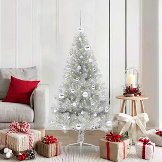Möbel Künstlicher vorbeleuchteter Weihnachtsbaum Silber 150 cm PET - 2277404 - Silber