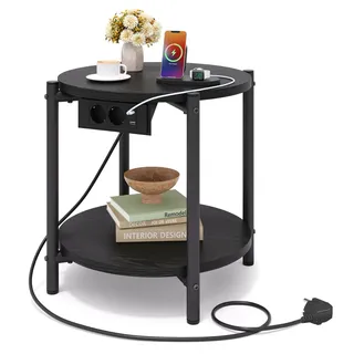 ironck Beistelltisch rund, Couchtisch mit Steckdose, Kleiner Tisch Holz, Wohnzimmertisch 2 Ablagen,Sofatisch,USB & Type-C-Anschluss, Metallrahmen, Nachttisch für Schlafzimmer (Schwarz, 1 Stück)