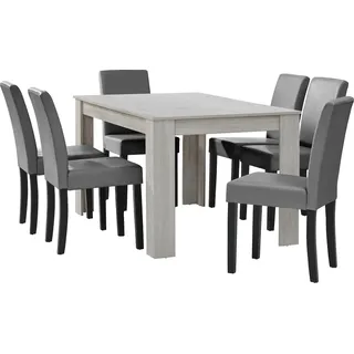 [en.casa] Esstisch Eiche weiß mit 6 Stühlen hellgrau Kunstleder gepolstert 140x90 Essgruppe Esszimmer - Grau