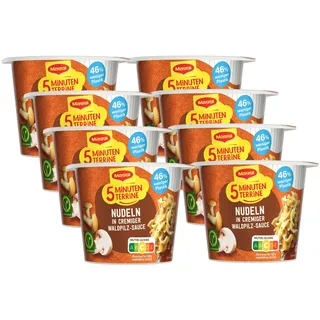 MAGGI 5 Minuten Terrine Nudeln in cremiger Waldpilz-Sauce, leckeres Fertiggericht mit Instant Nudeln, Pasta-Snack mit aromatischen Pfifferlingen & Butterpilzen, vegetarisch, 8er Pack (8 x 56g)