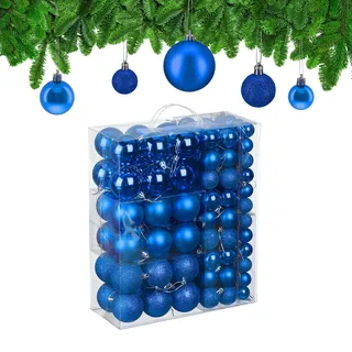 Relaxdays Weihnachtskugeln im 138er Set, Kunststoff, glitzernde, Matte, glänzende Baumkugeln, Christbaumschmuck, blau