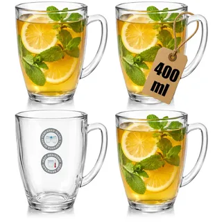com-four® 4x Teeglas aus gehärtetem Glas - 400ml hitzebeständige Kaffeetassen - Große Trinkgläser mit Henkel für Tee, Kakao, Kaffee und Cappuccino (04 Stück - 400ml)
