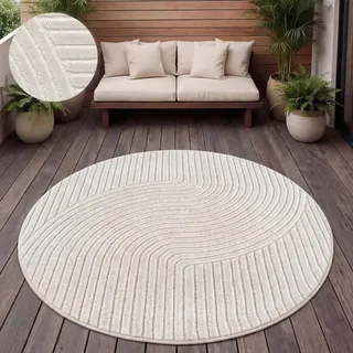 Outdoor Teppich Wetterfest Balkon Wohnzimmer Skandinavisches Boho Einfarbig Grösse 120 cm Rund - Creme