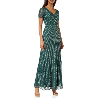 Maya Deluxe Damen Maxi Womens Ladies Embellished Sequin Dress Long Short Sleeve V Neck High Empire Waist A Cut Shiny Prom Wedding Brautjungfernkleid, Emerald Green,42 EU