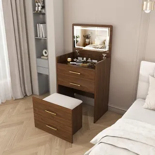 3-in-1 Schminktisch mit offenem Spiegel Glasplatte Walnut Kompakt 60x118x40cm Kleines Schminktisch Set mit 3 Schubladen Modern für Schlafzimmer - Braun