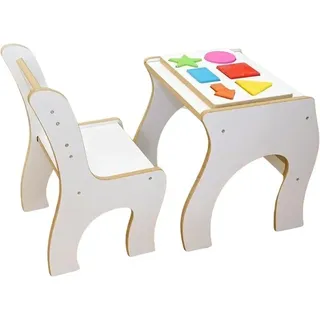 Modern und Stabile Kindertisch mit Stuhl Tafel und Holzpuzzle Set Schreibtisch Kinder mit stauraum und Kinderstuhl Sitzgruppe Kinderzimmer Möbel mit multifunktionalem Tisch (Weiß) - Weiß