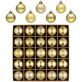 Valery Madelyn 25 Stück Weihnachtskugeln,4cm mini Christbaumkugeln Weihnachtskugel Bruchsicher,Gold Weihnachtsbaumschmuck Christbaumschmuck mit Aufhänger für Weihnachtsdeko